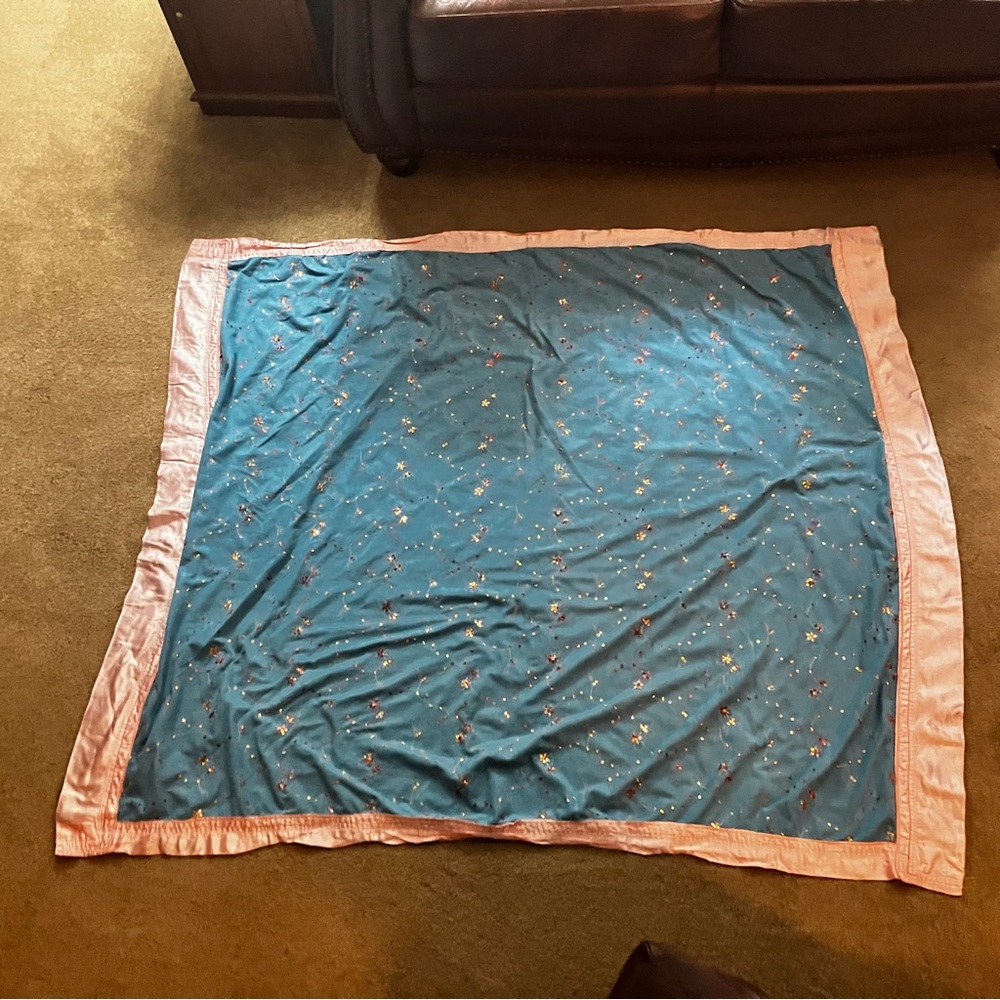 Beautiful homemade pink teal floral sequins blanket approximately 48 in by 56 in